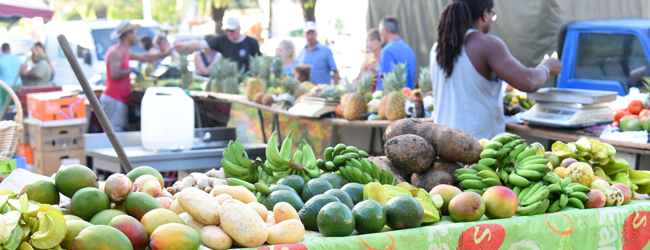 Frisches tropisches Obst und Gemüse auf einem Markt in Sainte Anne auf Guadeloupe während einer Sprachreise